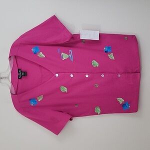 NWT Kensington Lane Pink Embroidered Short Sleeve Button Up Top L